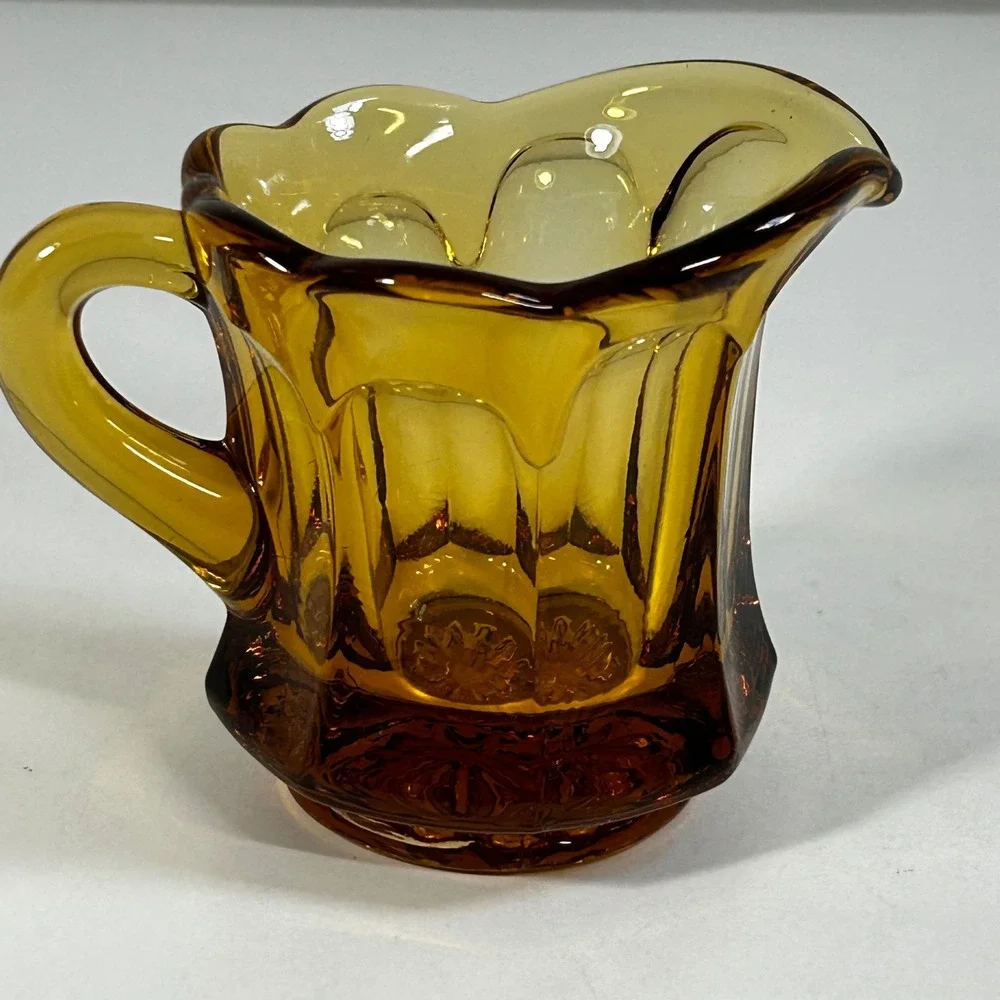 Vintage Amber Glass Creamer Paneled Scalloped Rim Small Pitcher Honey Gold‎